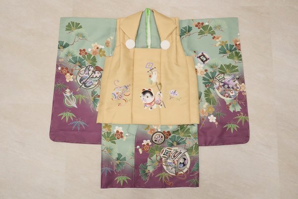 【受注品】 3歳男児被布アンサンブル 陽気な天使No.1「扇」【ベージュ×緑紫】