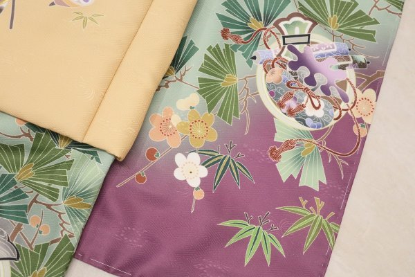 【受注品】 3歳男児被布アンサンブル 陽気な天使No.1「扇」【ベージュ×緑紫】 - 画像 (2)