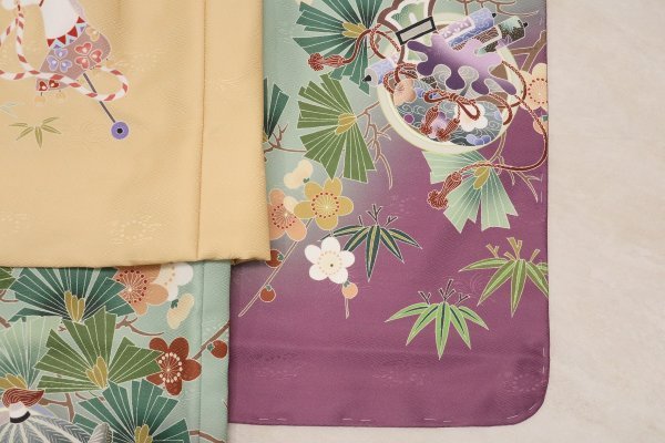 【受注品】 3歳男児被布アンサンブル 陽気な天使No.1「扇」【ベージュ×緑紫】 - 画像 (6)