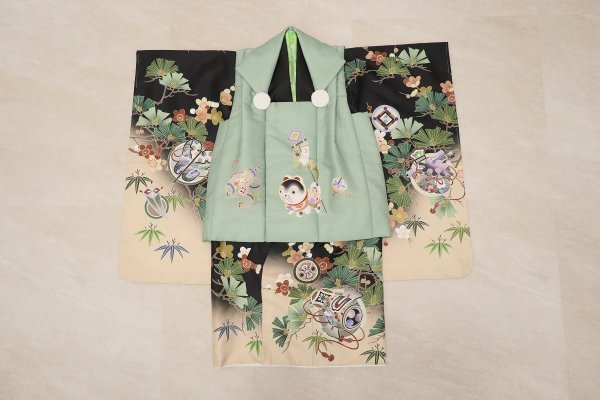 【受注品】 3歳男児被布アンサンブル 陽気な天使No.5「扇」【黒×緑】