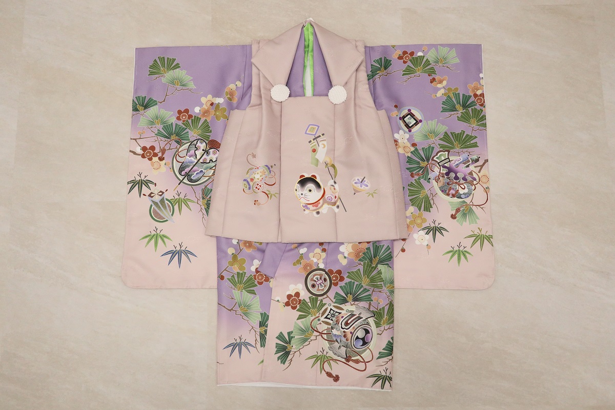 【受注品】 3歳男児被布アンサンブル 陽気な天使No.3「扇」【紫】