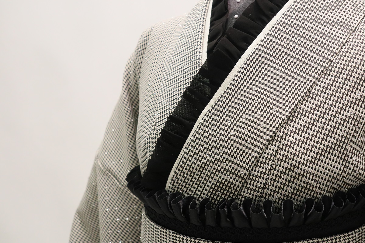 二尺袖/卒業袴 ラインストン×千鳥 グレー セットアップ - 画像 (13)