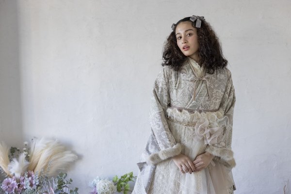 ラフィネモカ二尺袖/ドレス袴 ラフィネモカ パッチワークファーRM-145/RH-84【グレー/ホワイト】 - 画像 (4)