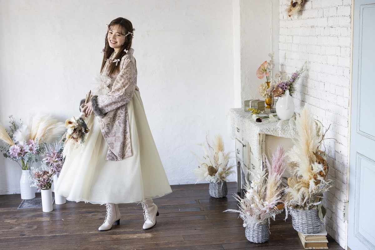 ラフィネモカ二尺袖/ドレス袴 パッチワークファーRM-146/RH-83【ピンクベージュ/ゴールド】 - 画像 (5)