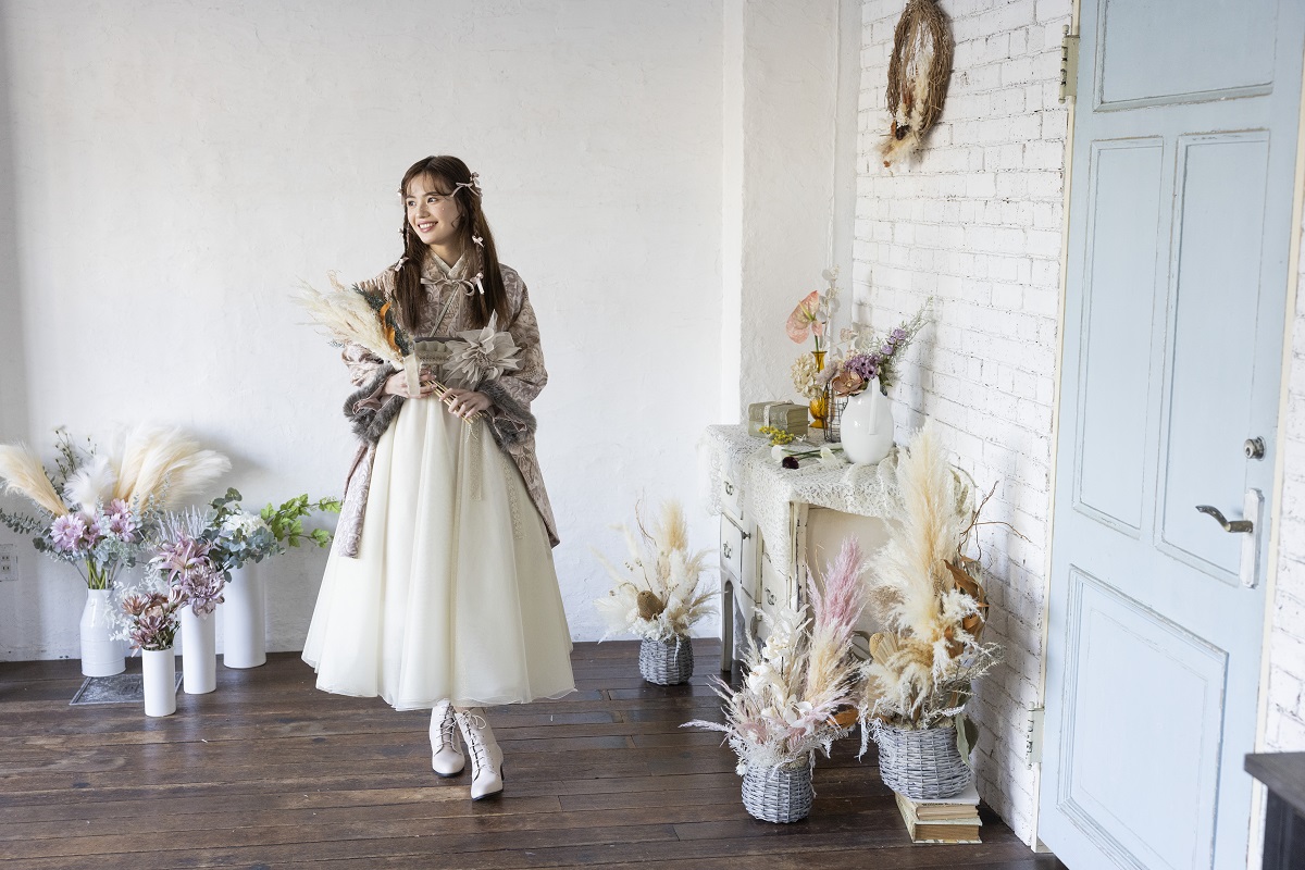 ラフィネモカ二尺袖/ドレス袴 パッチワークファーRM-146/RH-83【ピンクベージュ/ゴールド】 - 画像 (4)