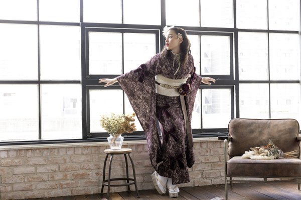 合繊振袖ラフィネモカ GF-64 -レース&リボン-【ヴァーガンディ】 - 画像 (9)