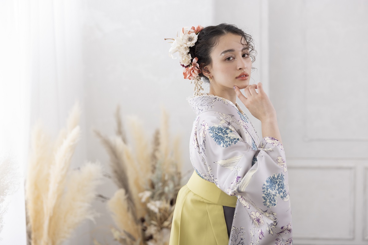 ラフィネモカ二尺袖/卒業袴 ライラック グレージュRM-141/RH-73【グレージュ/グリーン】 - 画像 (3)