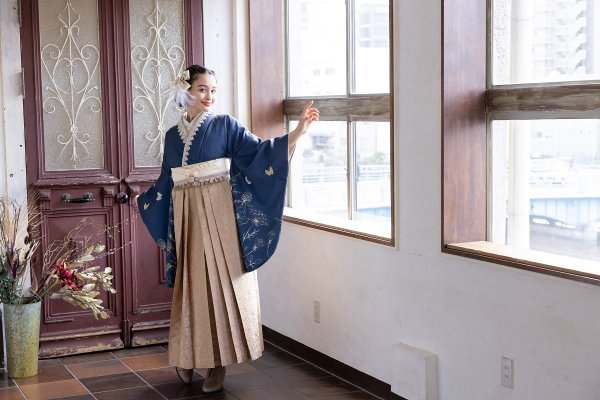 ラフィネモカ二尺袖/卒業袴 デイドリーム(袖花小紋)RM-144/RH-77【ネイビー/キャメル】 - 画像 (9)