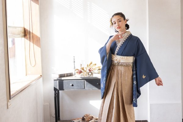 ラフィネモカ二尺袖/卒業袴 デイドリーム(袖花小紋)RM-144/RH-77【ネイビー/キャメル】