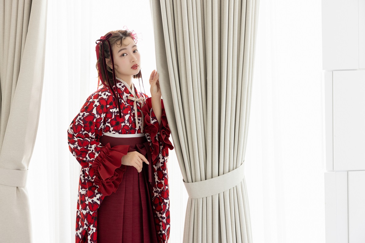 ラフィネモカ二尺袖/卒業袴 フリル・フローラRM-166/RH-99【ホワイトレッド/ボルドー】 - 画像 (11)