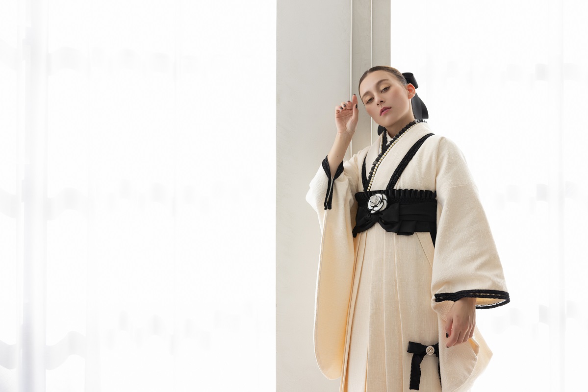 ラフィネモカ二尺袖/卒業袴 リボンノットRM-167/RH-96【白×黒/ホワイト】 - 画像 (8)