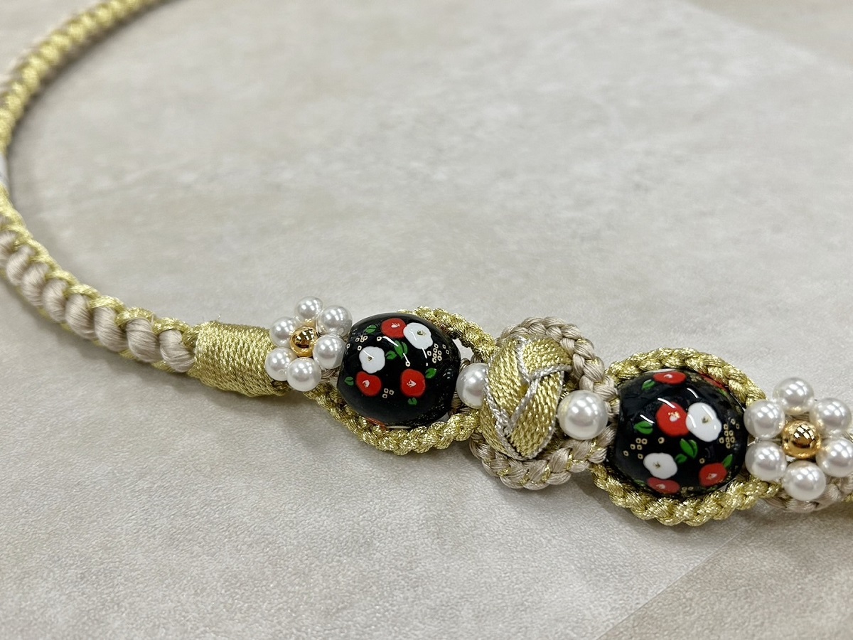 帯〆組みひもトンボ玉 ベージュ TOJ-2409c - 画像 (2)