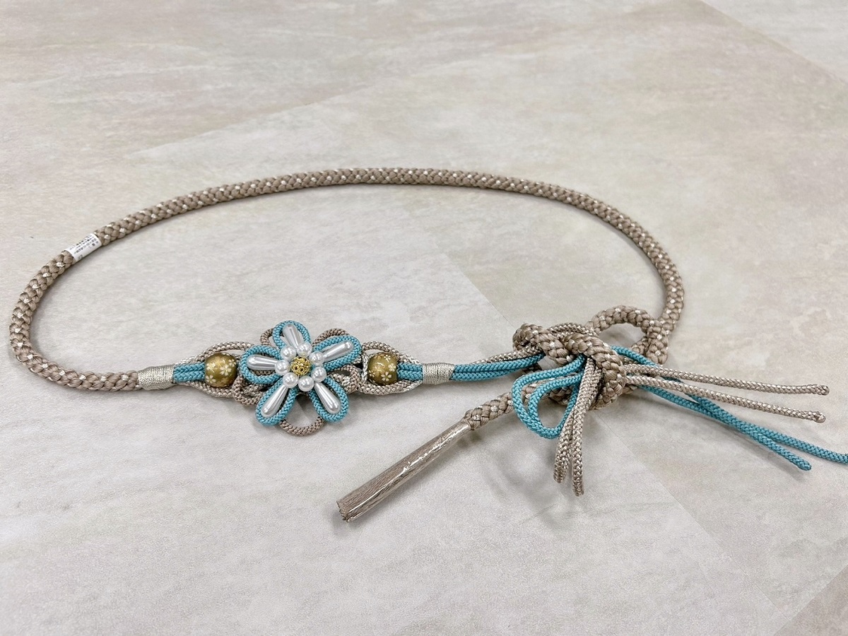 帯〆組みひも 花細工×トンボ玉 ベージュ TOJ-2409L - 画像 (4)