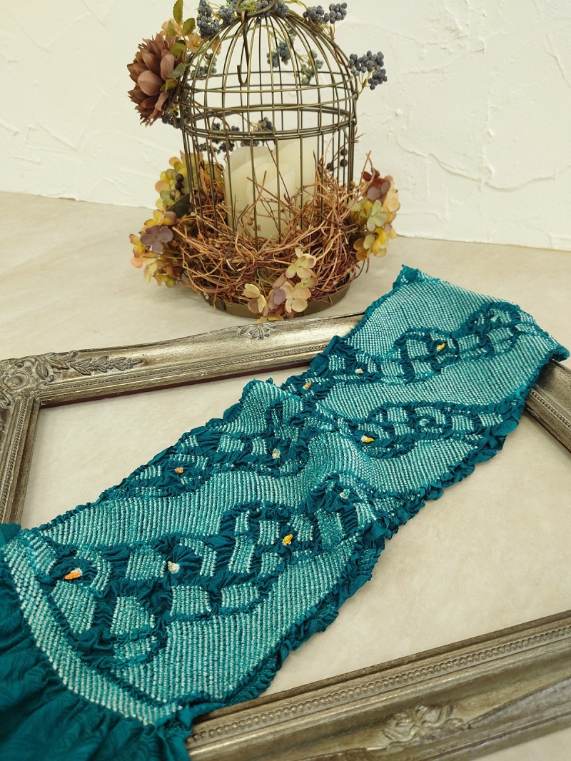 絞り帯揚 2023ラフィネ別注カラー 柄総絞り 正絹【残数限り】ブルーグリーン - 画像 (3)