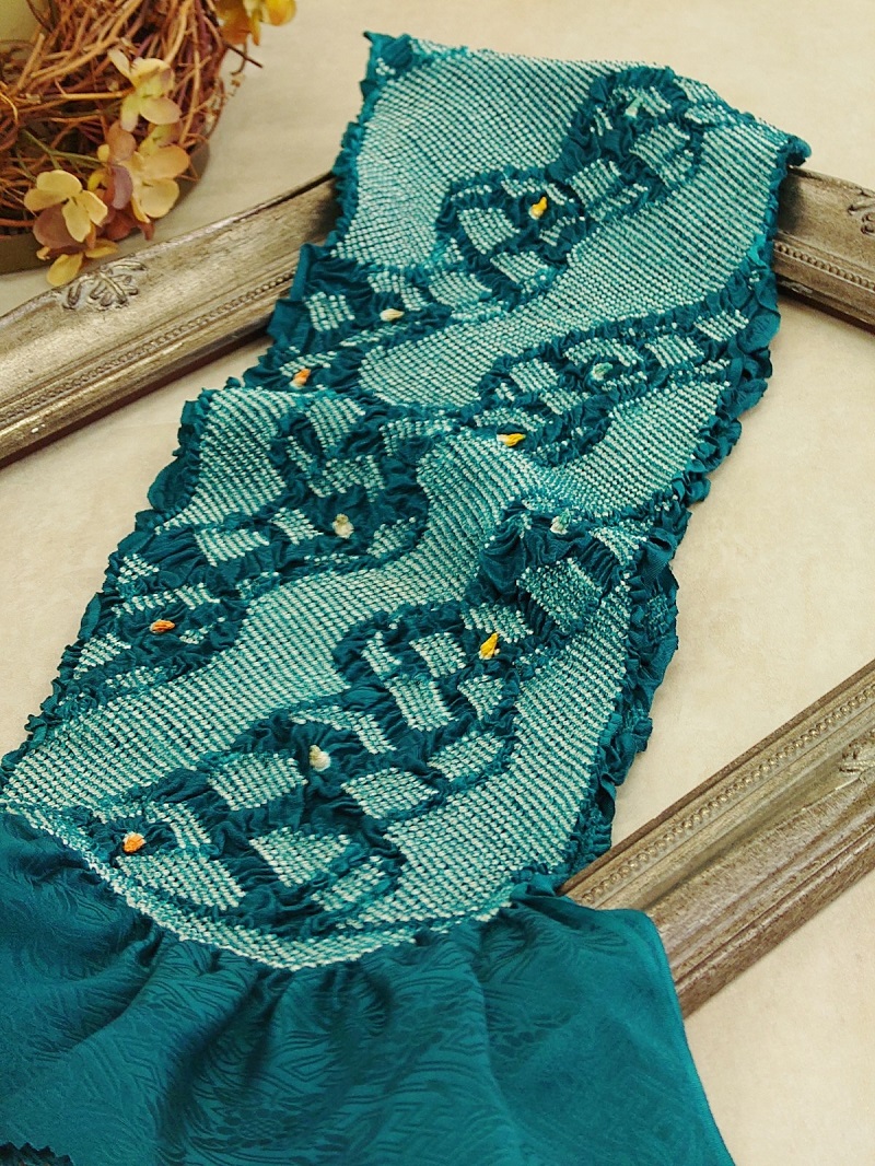 絞り帯揚 2023ラフィネ別注カラー 柄総絞り 正絹【残数限り】ブルーグリーン - 画像 (4)