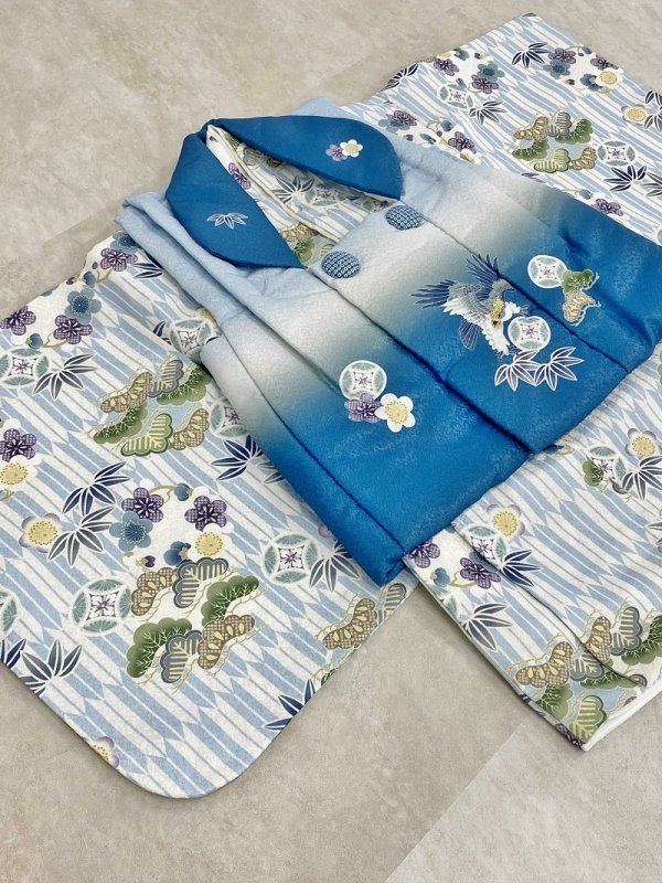 【現品】男児1歳ベビー被布アンサンブル(二部式)RMH2307-d2 青白 - 画像 (3)