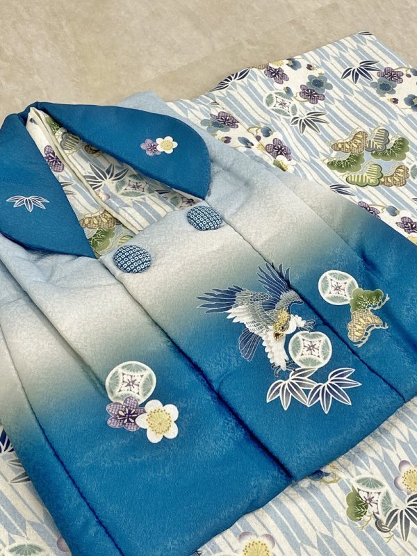 【現品】男児1歳ベビー被布アンサンブル(二部式)RMH2307-d2 青白 - 画像 (2)