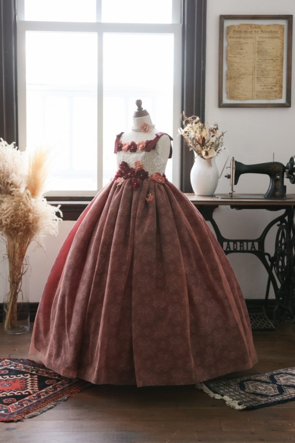 ロングドレスR-089　ワイン