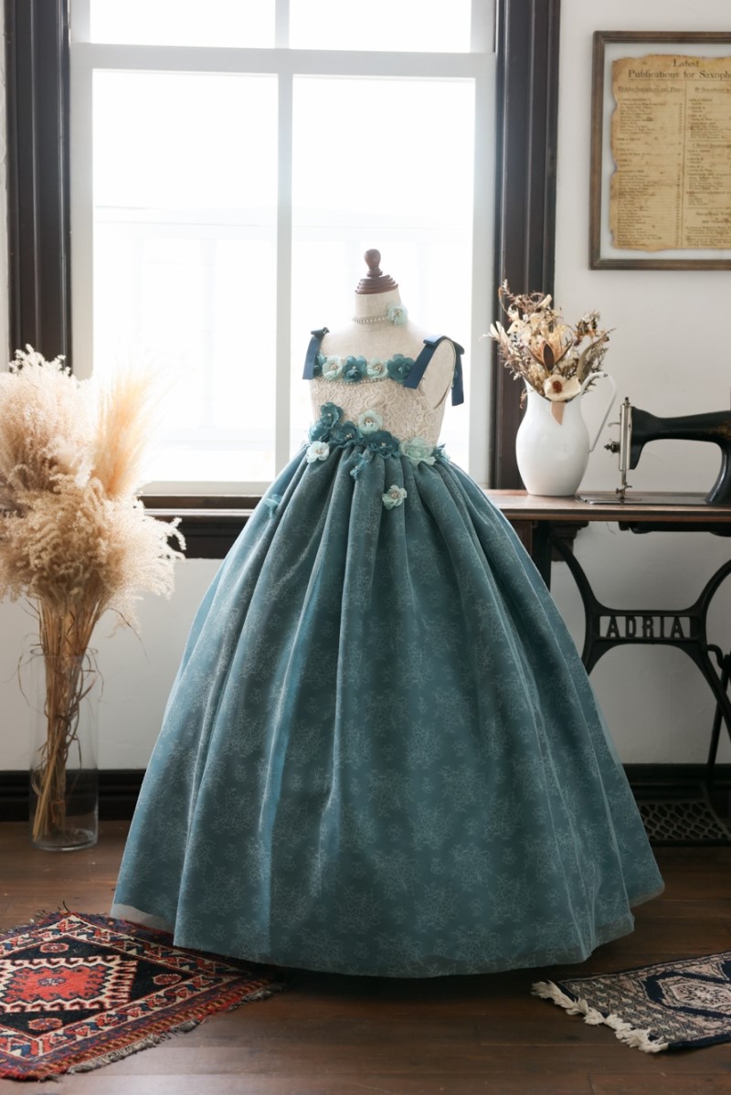 【現品120㎝】ロングドレスR-089 ブルーグリーン