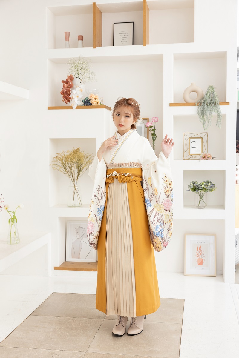 ラフィネモカ二尺袖/卒業袴 アンティークガーデンRM-163/RH-93【アイボリー/金茶】 - 画像 (3)