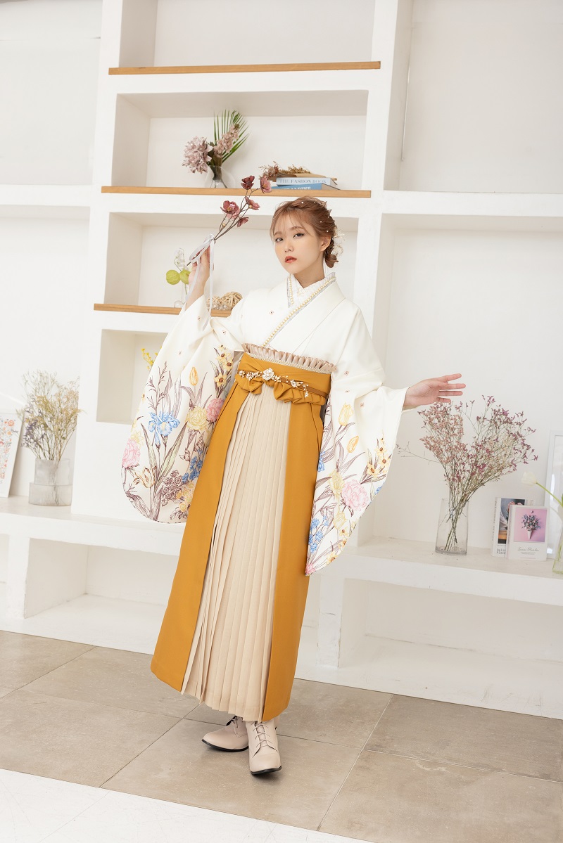 ラフィネモカ二尺袖/卒業袴 アンティークガーデンRM-163/RH-93【アイボリー/金茶】