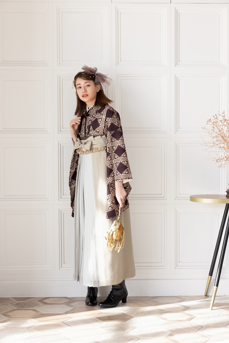 ﾗﾌｨﾈﾓｶ二尺袖/卒業袴　ラティスチョコレートRM-170/RH-94【ﾀﾞｰｸﾌﾞﾗｳﾝ/ｵﾘｰﾌﾞ】 - 画像 (3)