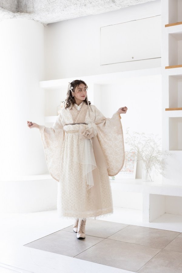 ラフィネモカ二尺袖/ドレス袴 フェザリーレースRM-174/RH-102【ゴールドベージュ/ホワイト】 - 画像 (2)