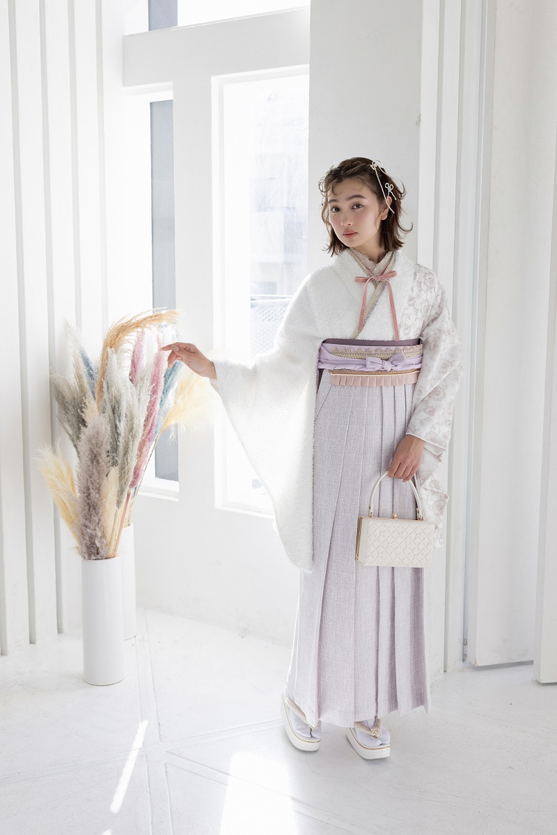 ラフィネモカ二尺袖/卒業袴 フェザリーレースRM-173/RH-95【ホワイト/ホワイトピンク】