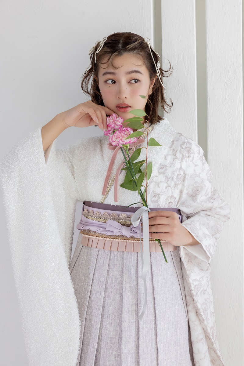 ラフィネモカ二尺袖/卒業袴 フェザリーレースRM-173/RH-95【ホワイト/ホワイトピンク】 - 画像 (2)