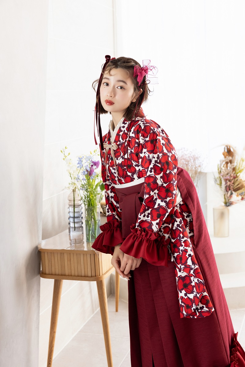 ラフィネモカ二尺袖/卒業袴 フリル・フローラRM-166/RH-99【ホワイトレッド/ボルドー】 - 画像 (2)