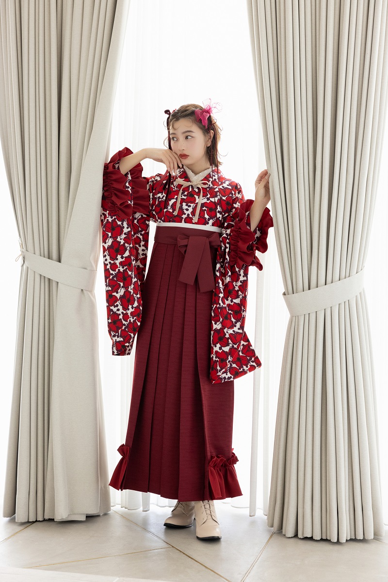 ラフィネモカ二尺袖/卒業袴 フリル・フローラRM-166/RH-99【ホワイトレッド/ボルドー】