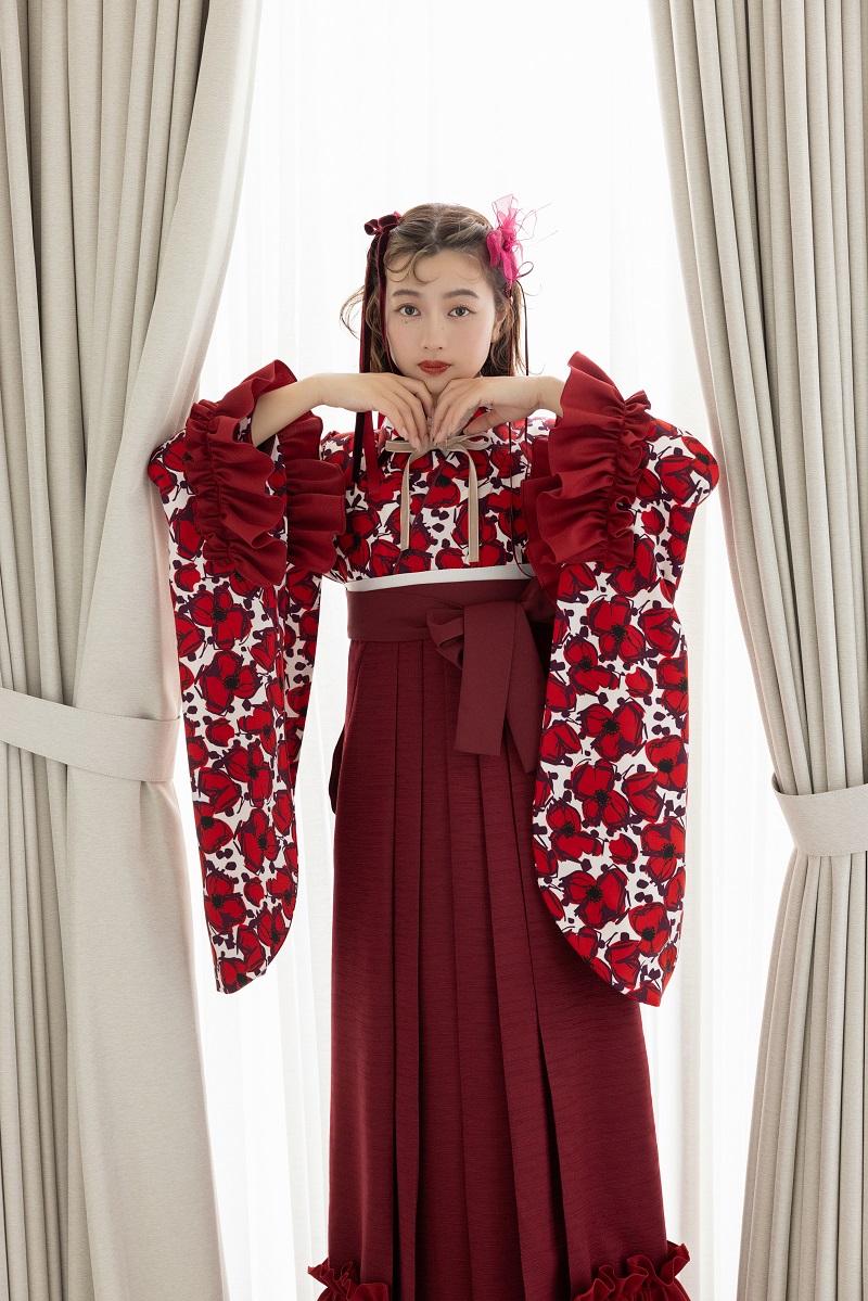 ラフィネモカ二尺袖/卒業袴 フリル・フローラRM-166/RH-99【ホワイトレッド/ボルドー】 - 画像 (3)