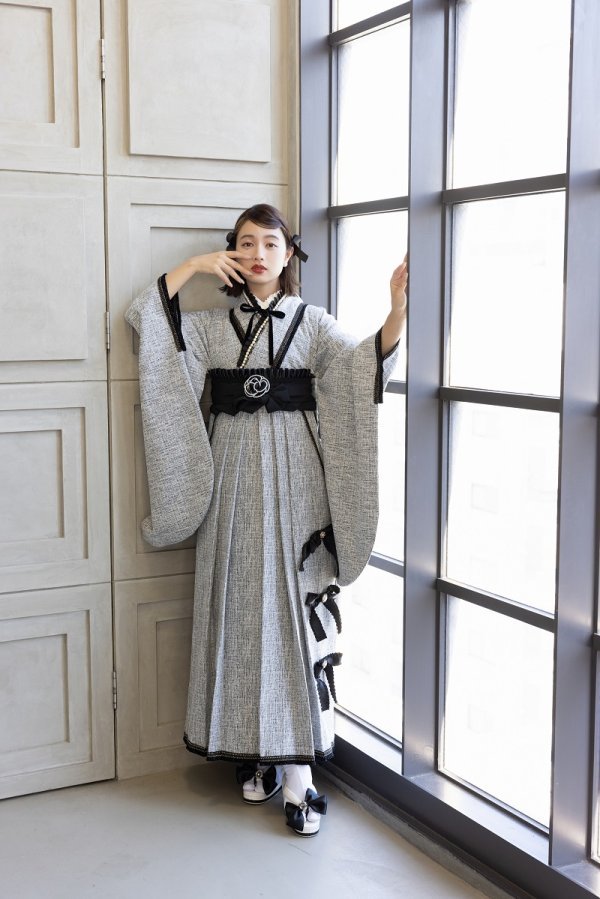 ラフィネモカ二尺袖/卒業袴 リボンノットRM-168/RH-97【グレー×黒/グレー】 - 画像 (2)