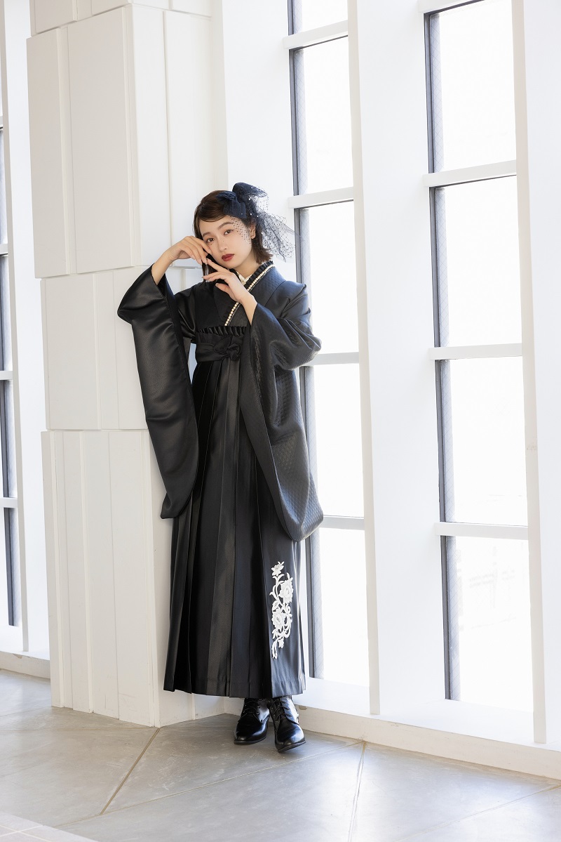 ラフィネモカ二尺袖/卒業袴 レザリーダイヤRM-177/RH-101【ブラック/ブラック】