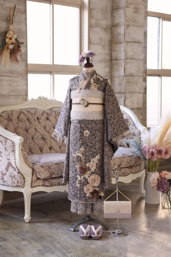 【アウトレット】ロココ・ガーリィ 7歳きものフルセット -Rococo Girly-【ブラウン】