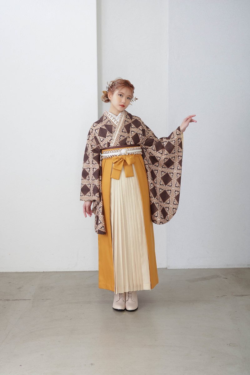 ラフィネモカ二尺袖/卒業袴 ラティスチョコレートRM-169/RH-93【キャメル/金茶】 - 画像 (4)