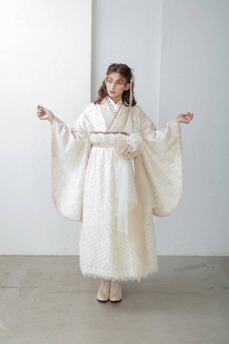 ラフィネモカ二尺袖/ドレス袴 フェザリーレースRM-174/RH-102【ゴールドベージュ/ホワイト】 - 画像 (3)