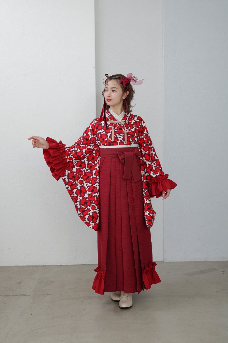 ラフィネモカ二尺袖/卒業袴 フリル・フローラRM-166/RH-99【ホワイトレッド/ボルドー】 - 画像 (4)