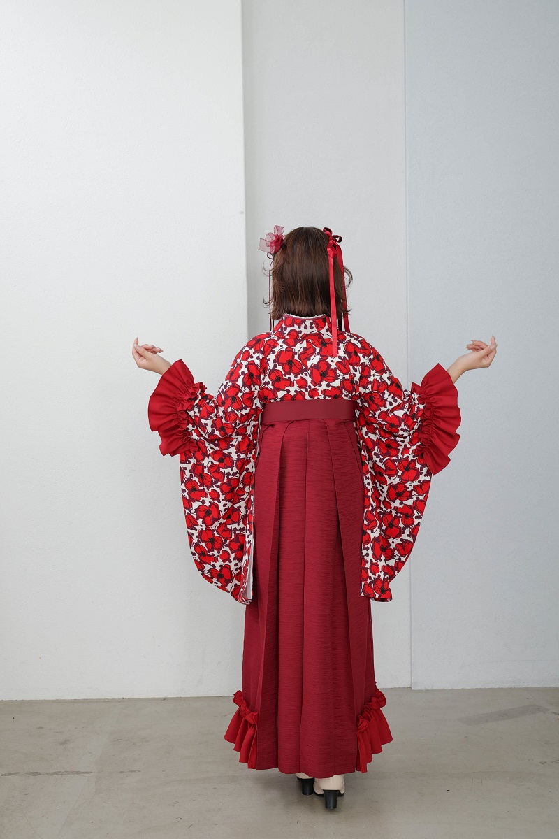 ラフィネモカ二尺袖/卒業袴 フリル・フローラRM-166/RH-99【ホワイトレッド/ボルドー】 - 画像 (5)