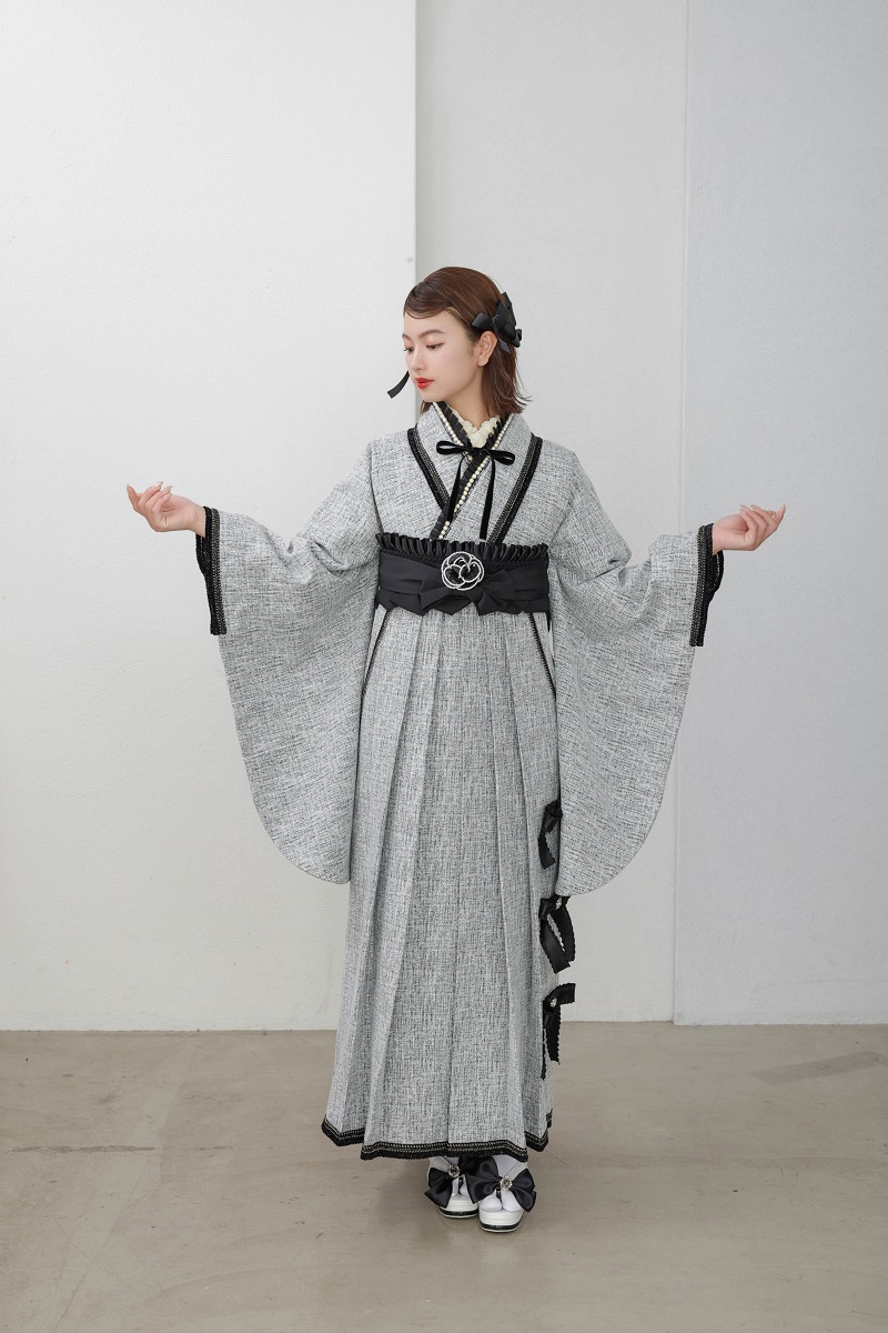 ラフィネモカ二尺袖/卒業袴 リボンノットRM-168/RH-97【グレー×黒/グレー】