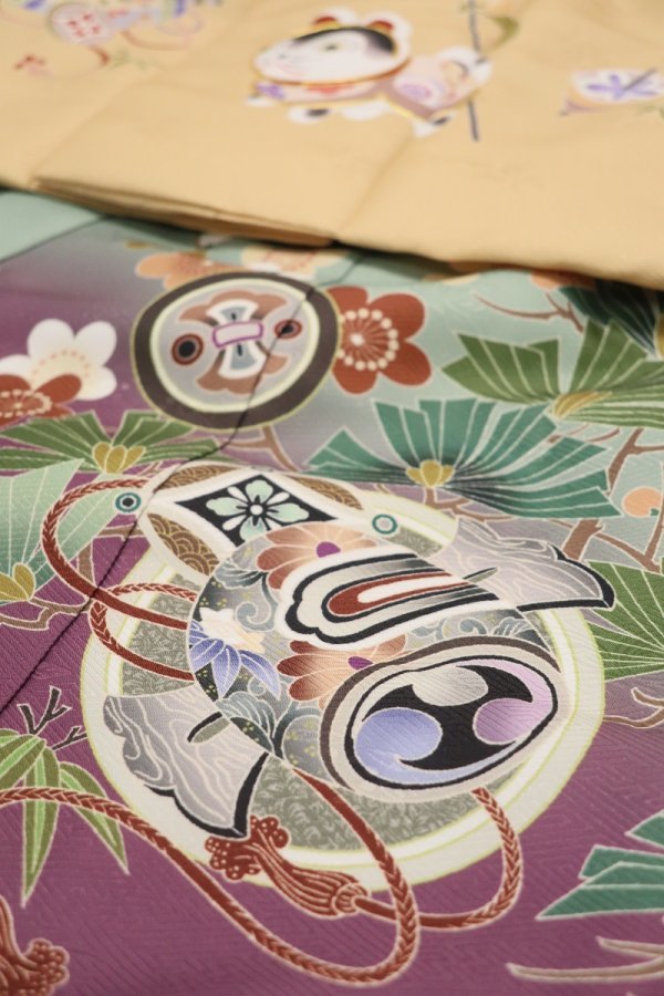 【受注品】 3歳男児被布アンサンブル　陽気な天使No.1「扇」【ﾍﾞｰｼﾞｭ×緑紫】 - 画像 (9)