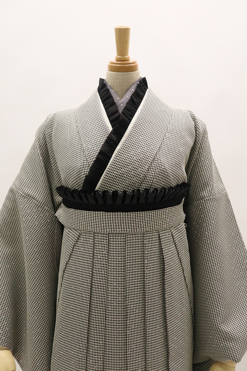 二尺袖/卒業袴 ラインストン×千鳥 グレー セットアップ - 画像 (2)
