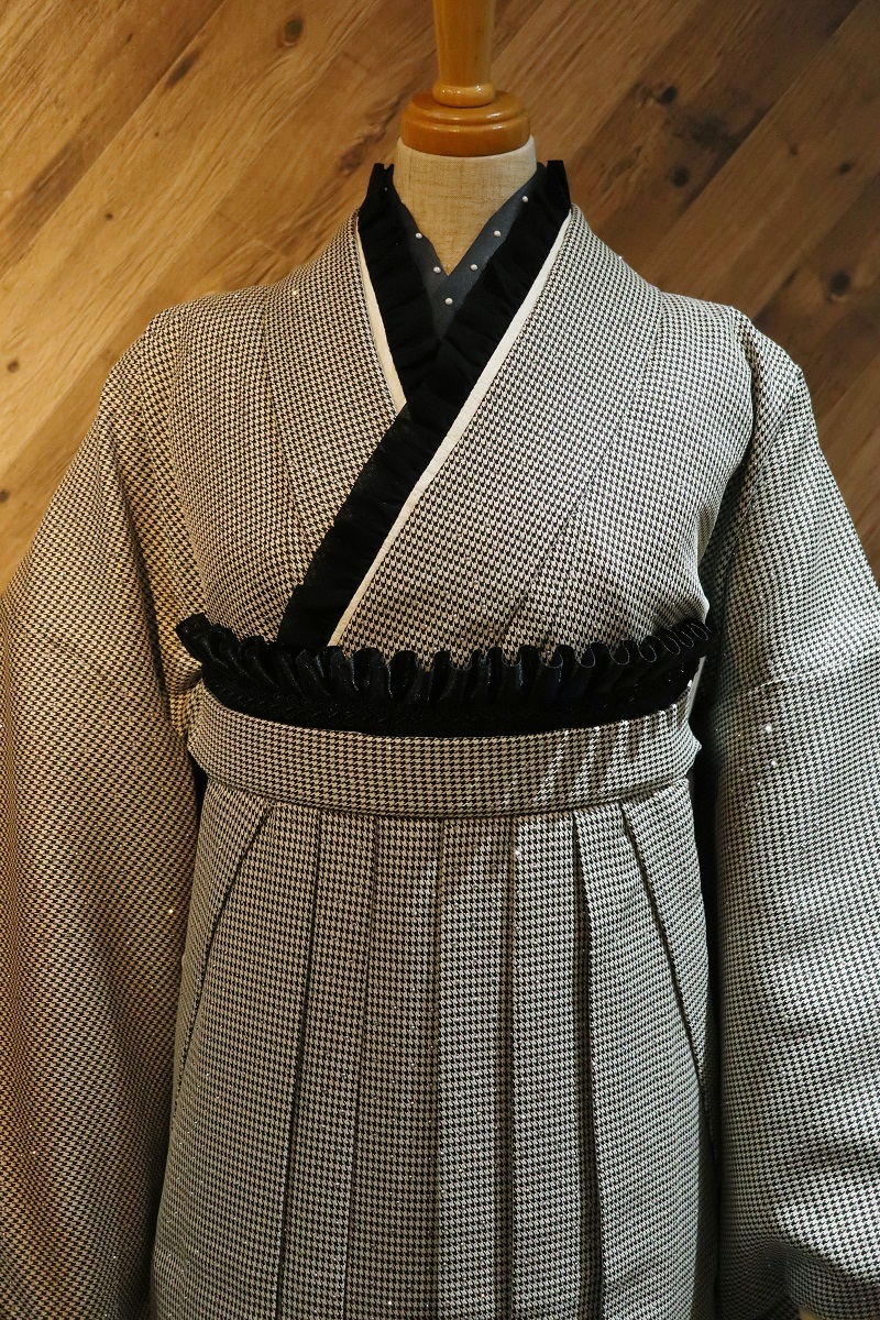 二尺袖/卒業袴 ラインストン×千鳥 グレー セットアップ - 画像 (8)
