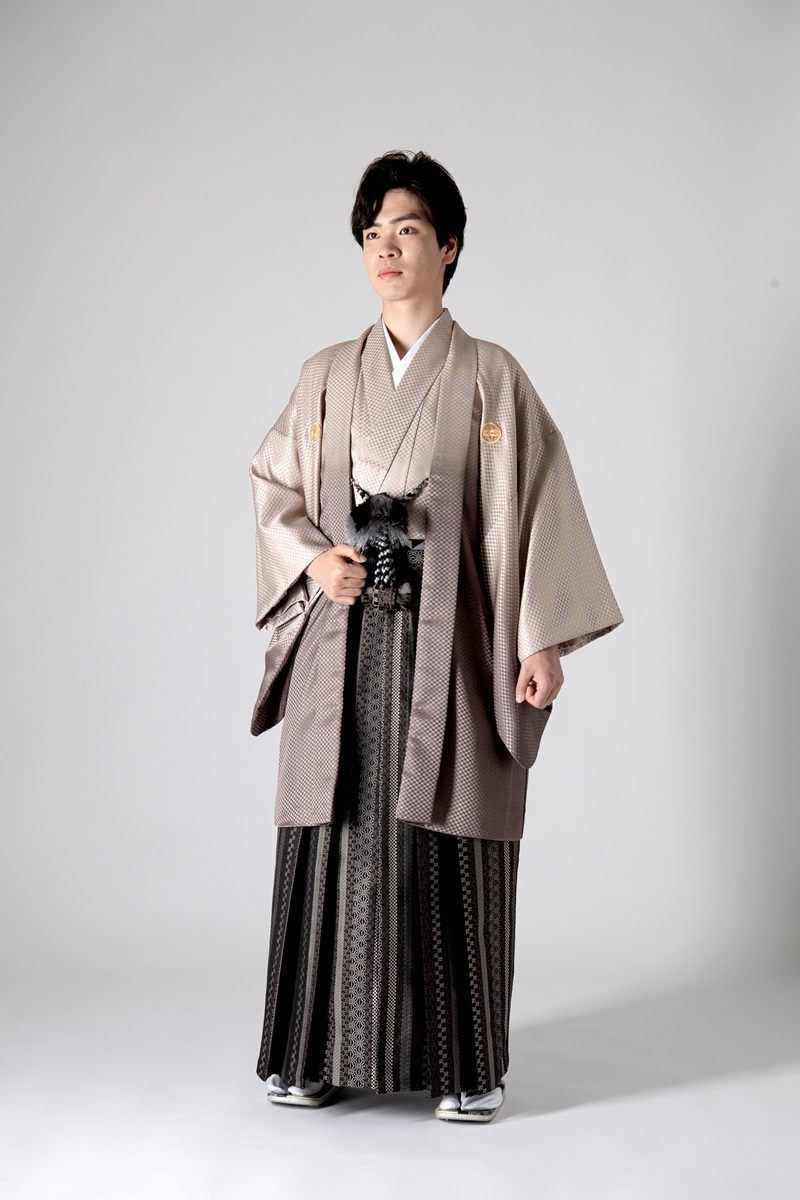 メンズ羽織着物　市松ぼかし-№337- 【モカ】