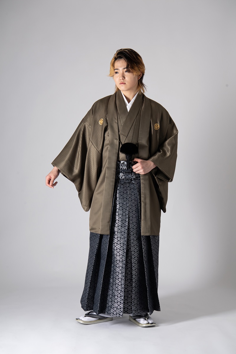 メンズ羽織着物　市松-№511- 【カーキグリーン】