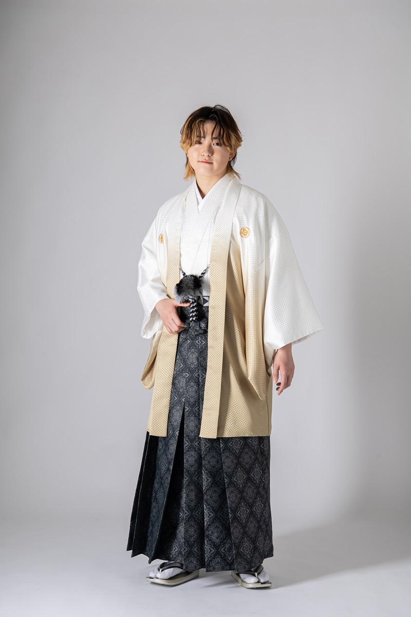 メンズ羽織着物　市松ぼかし-№335- 【白ベージュ】