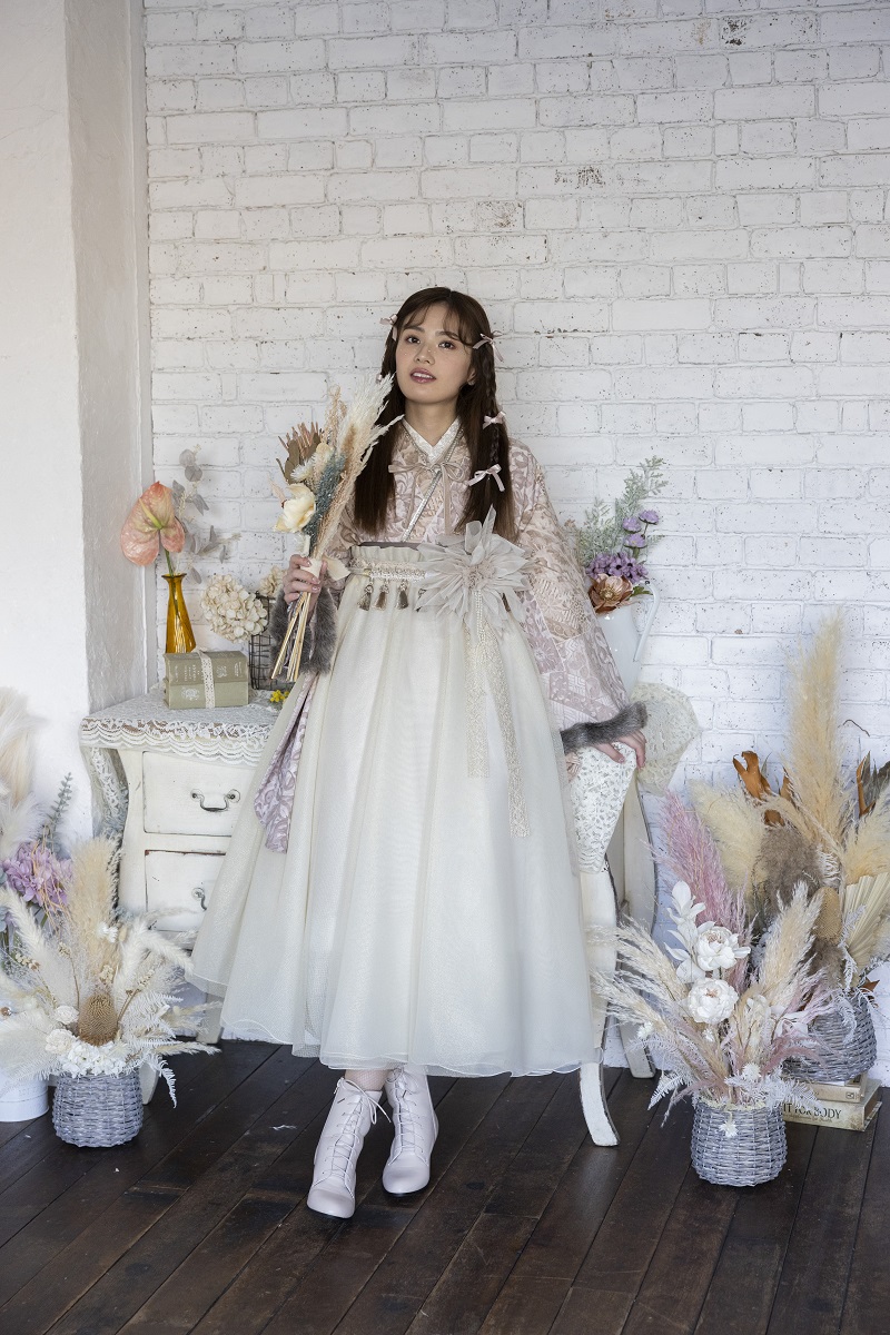 ラフィネモカ二尺袖/ドレス袴 パッチワークファーRM-146/RH-83【ピンクベージュ/ゴールド】