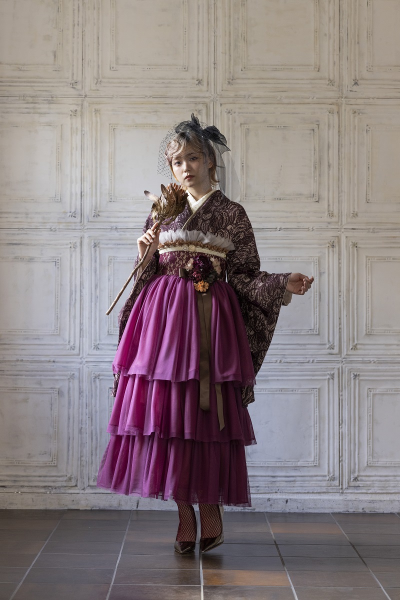 ラフィネモカ二尺袖/ドレス袴 ラフィネモカ レース&リボンRM-148/RH-85【ヴァ-ガンディ/ワイン】