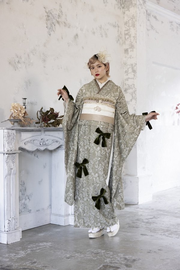 合繊振袖ラフィネモカ GF-63 -レース&リボン-【グリーン】 - 画像 (2)