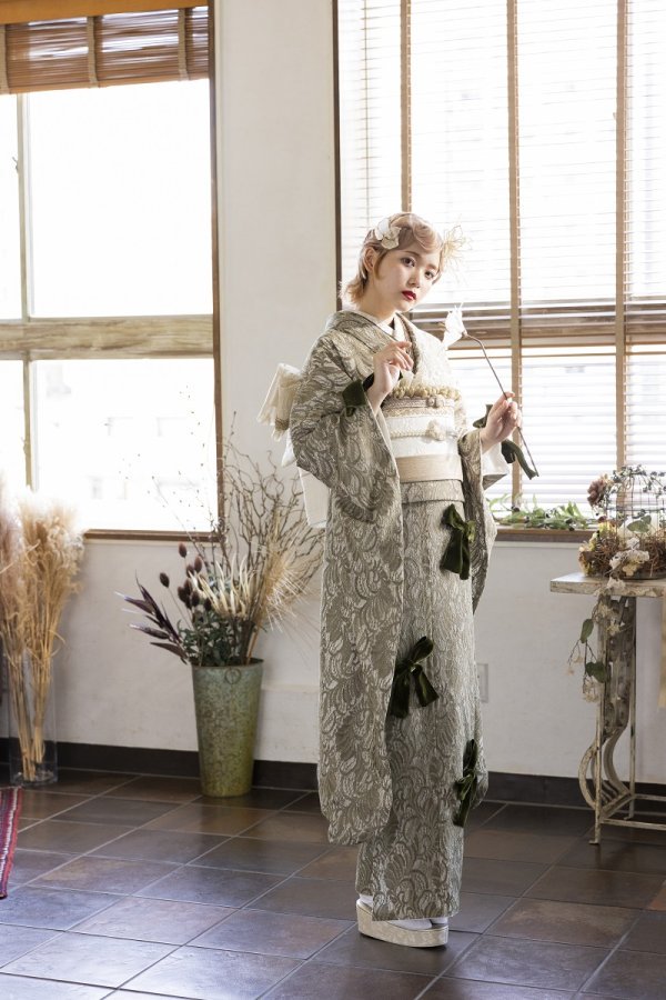 合繊振袖ラフィネモカ GF-63 -レース&リボン-【グリーン】